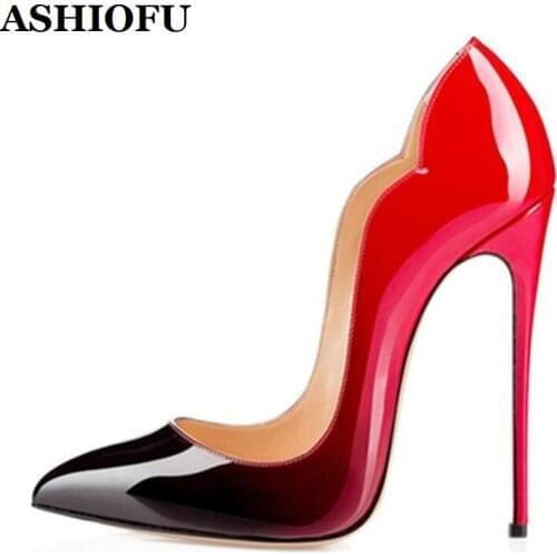 ASHIOFU New Style Handmade Ladies 12cm High Heel Pumps Pointed Shallow Wavy-style Stiletto Shoes Party Prom Fashion Court Shoes