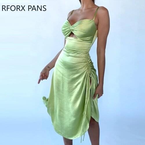 Women Solid Draw String Spaghetti Strap Hollow out Party Sexy Dress