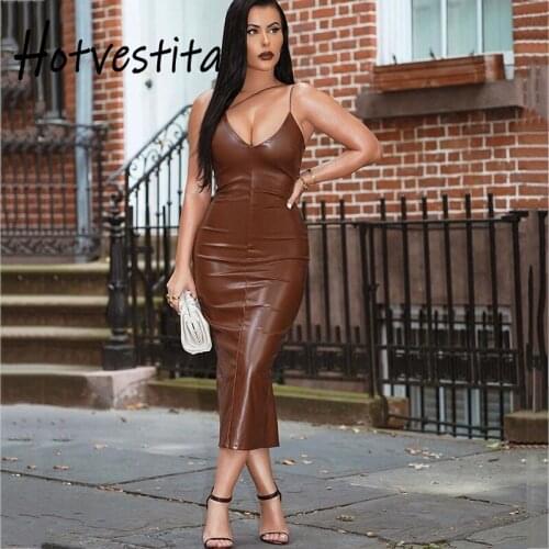 Hotvestita Fashion Pu Leather Slip Dress 2021 Summer Woman Sexy V Neck Sleeveless Bodycon Backless Split Party Club Maxi Dresses