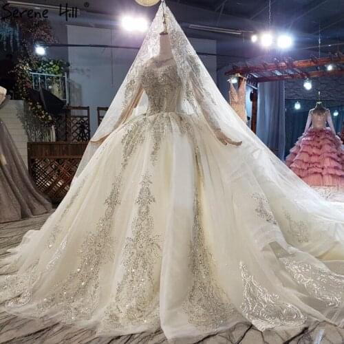 Serene Hill Dubai High-end Ivory O-Neck Luxury Wedding Dress 2021 Beading Diamond Long Sleeves Bridal Gown Custom Made CHX0309