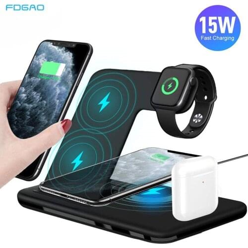 15W Qi Wireless Charger Stand For iphone 12 11 X XS MAX XR 8 Apple Watch 6 5 4 3 2 Airpods Pro 4 in 1 Fast Charging Dock Station