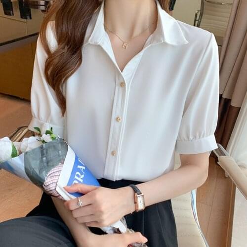 White Summer Blouses Women Satin Shirt Temperament Office Lady Formal Blouse Short Sleeve Lapel Metal Buttons Up Tops Blusas