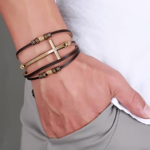 Retro Faux Leather Cross Bracelet Bangle Women Men Jewelry Adjustable Rope Chain Punk multi-layer hand-woven cross bracelet