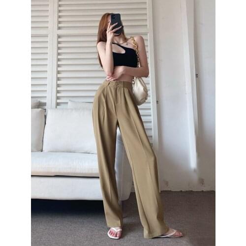 Floor Length Suit Pants For Women Spring Autumn High Street Casual High Waist Wide Leg Pants Ladies Loose Long Trousers