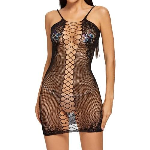 Black Womens Lingerie See-through Hollow Out Fishnet Transparent Dress Lingerie Nightwear Sleepwear Babydolls Sleeveless Dresses