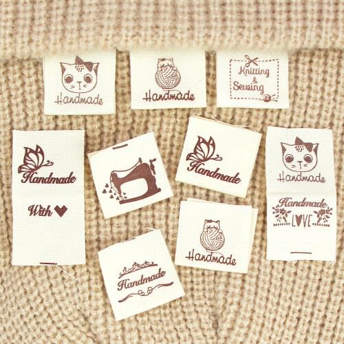 50Pcs Handmade With Love Labels Clothing Tags Cat Butterfly Handmade Label For Knitted Hats Cartoon Cotton Woven Sew Accessories