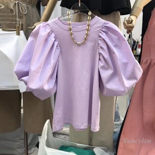 Short Puff Sleeve T-shirt for Woman Spring and Summer 2021 New Korean Style Purple Top Girls Ladies Tees Ropa Mujer