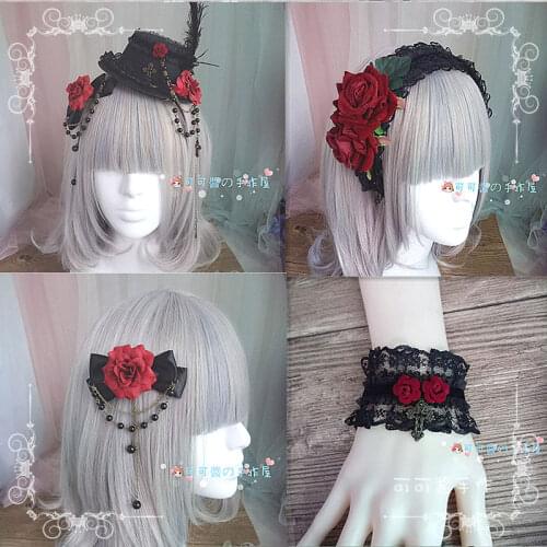 Lolita dark gothic headdress hand cuff headband hair band lolita hard sister hair accessory wine red rose flower hat