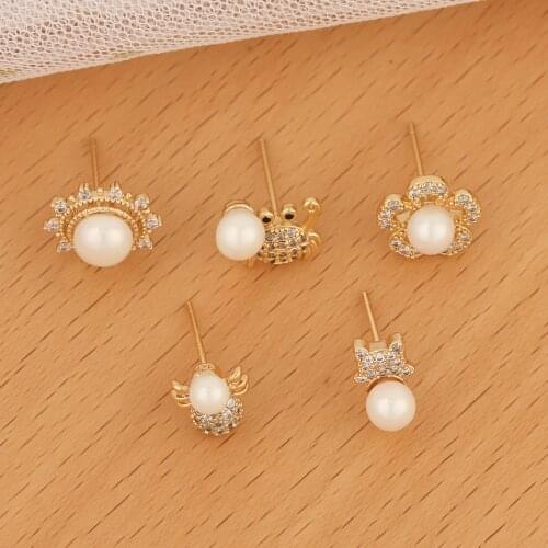 HAOSAW 2Pcs/Lot Jewelry Accessories/Shinny Imitation Pearl/CZ Earrings Stud/Animal Shapes/Genuine Gold Plating/Jewelry Findings