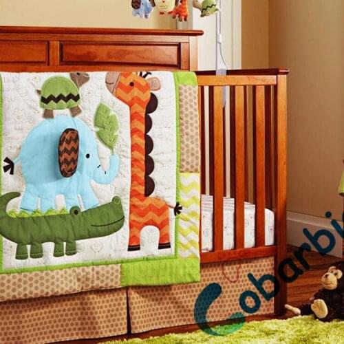8 pc cotton animal embroidered baby crib bedding set, newborn baby boy bedroom bedding, cot nursery bedding quilt bumper sheets