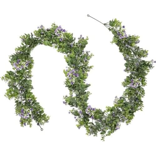 Artificial Eucalyptus Garland Faux Silver Dollar Eucalyptus Leaves with Purple Flower Vines for Greenery Garland Table
