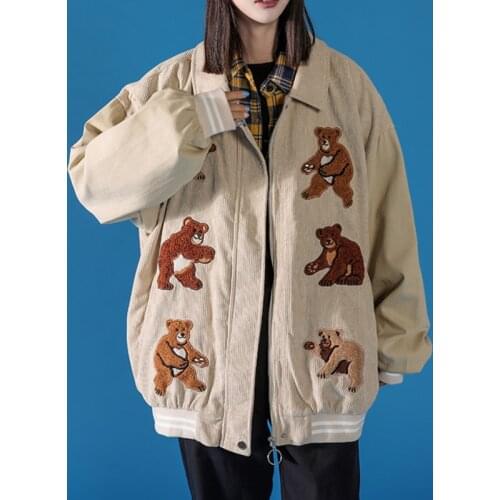 Autumn Women Bomber Jacket Casual Fashion Loose Spliced Embroidery Corduroy Cartoon Bear Paste Cloth Vintage Basic Coat Female