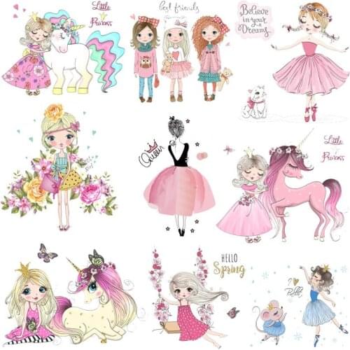 Cute Girls Heat Transfer For Clothing Iron On Cartoon Unicorn Transfers For Clothes Appliques Thermo Stickers For Diy T-shirt