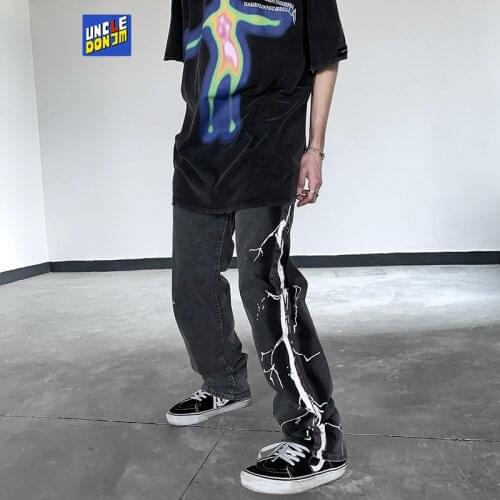 UNCLEDONJM Lightning printed jeans for men 2021 hip hop jeans designer pants distressed jeans men designer jeans for men Z79
