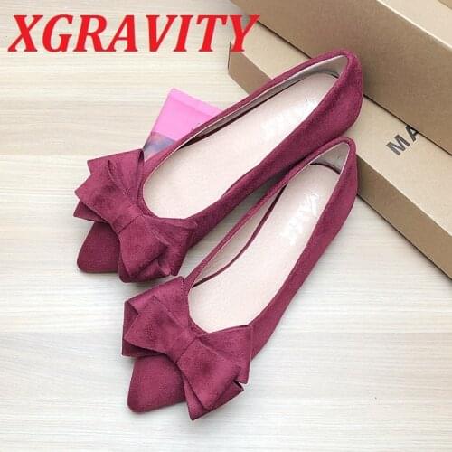 XGRAVITY New Spring Comfortable Lady Flat Shoes Pointed Toe Flats Plus Size Female Women Footwear Ladies Butterfly Knot Shoes