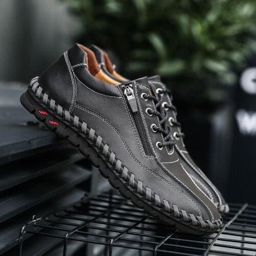 New Arrival 2020 Luxury Genuine Leather Shoes Men Outside Sneakers Zipper Opening Leisure Shoes Slip Moccasins Plus Size 38-50