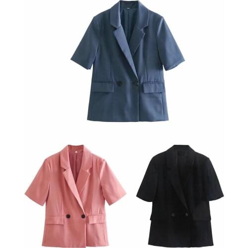 Women Solid Black Turn-down Collar slim Double Breasted Coat Female Short sleeve Office Lady Blazers Ladies Streetwear Coat