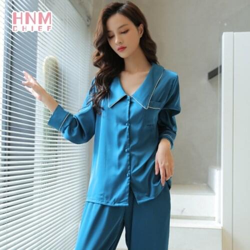 HNMCHIEF Faux Silk Pajamas Set Spring Autumn Sleepwear Women Casual Long-sleeved Trousers Ice Silk Turn-down Collar Female