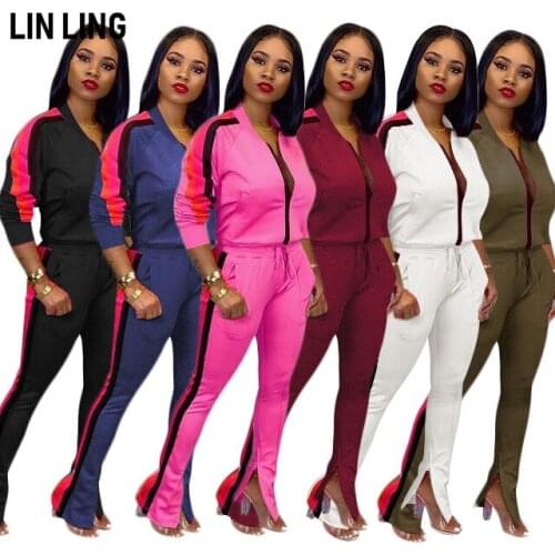 LINLING Casual Sport Solid Stripe Lapel Zipper Pocket Long Sleeve Jacket Jacket + Drawstring Split Pants Outfits