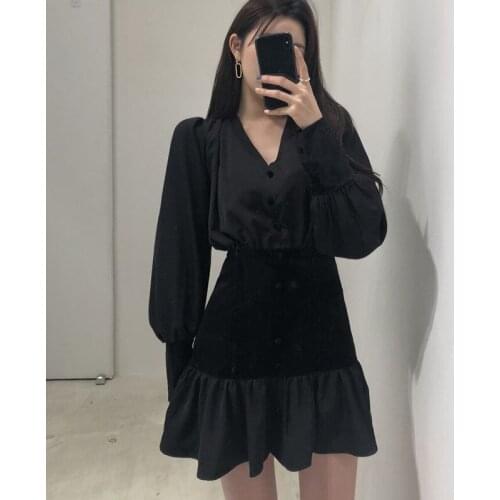 Casual Women A-Line Dress Ruffles Autumn Vintage Ladies Chic Lantern Sleeve Dress Female V-Neck High Waist Patchwork Mini Dress