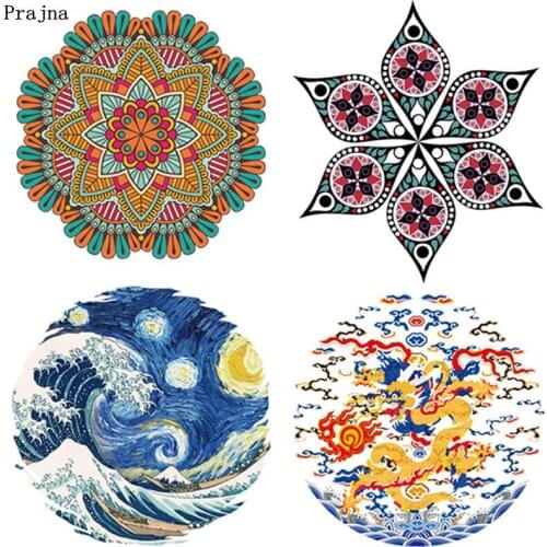 Prajna Round Heat Transfer Flower Van Goghs paintings Traditional Chinese Dragon Stickers On Clothes DIY For T-shirt Decoration