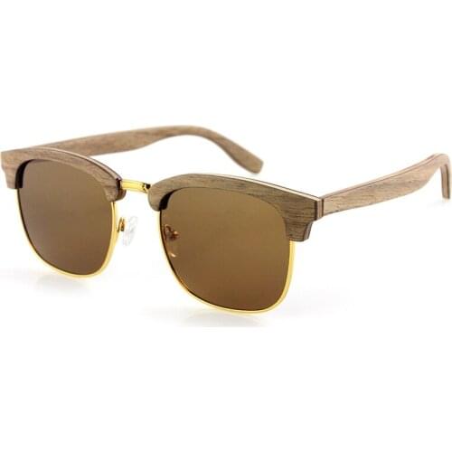 Dropshipping Bulk Casual Uv Polarized Men Semirimmed Brown Tinted Lens Walnut Wood Laminated Sunglasses