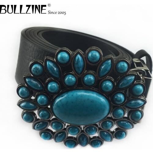 Bullzine zinc alloy Turquoise stone belt buckle Free PU belt Luxurious jeans gift belt buckle FP-03275 drop shipping