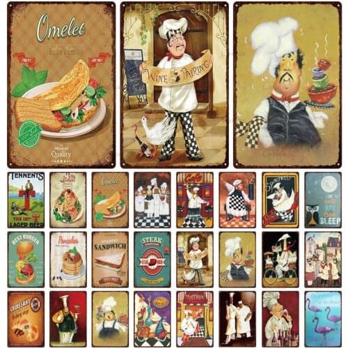 Retro Metal Sheet Restaurant Decoration Cartoon Drawing Chef Kitchen Food Tin Sign Metal Painting Wall Art Decor Bar Iron Plaque
