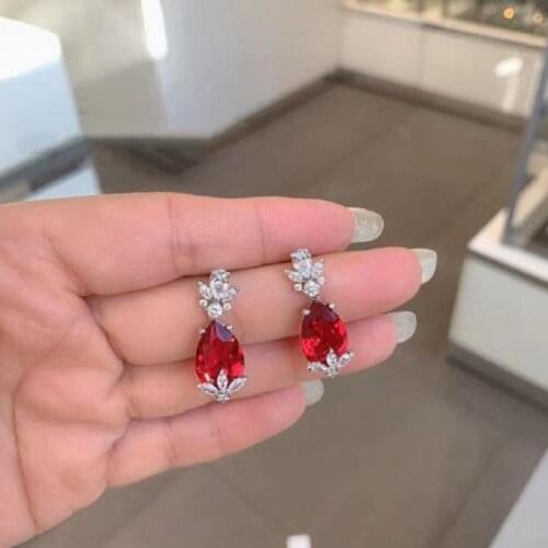 Brand 1:1 simple temperament red crystal leaf drop-shaped stud earrings, retro delicate and elegant ladies silver jewelry