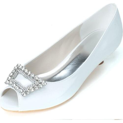 Low Heels PU Leather Crystals Wedding Shoes for Bride Peep Toe Slip on Formal Party Dress Women Pumps