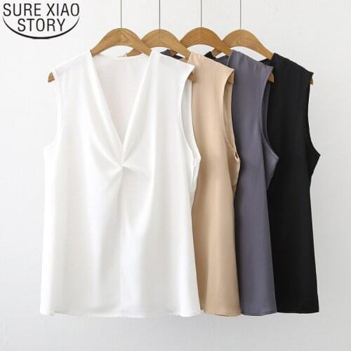 Off Shoulder Tops 2021 New Female Vest Office Lady Sleeveless Blouse Women V Collar Chiffon Blouse Niche Fashion Shirt 15327