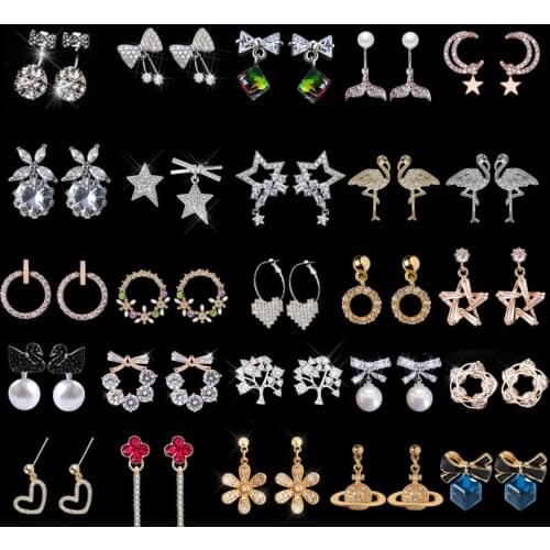 Origin Summer Love Heart Circle Geometrical Star Bowknot Pearl Circle Dangle Earings for Women Unique Design Rhinestone Jewelry
