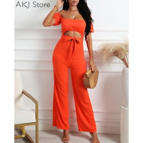 Women Casual Off Shoulder Open Back Front Tie Solid Color Jumpsuit