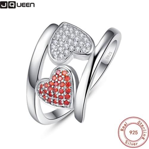JQUEEN Popular Silver plated Double Heart Finger Ring With Red&White Crystal Ring Jewelry For Women Romantic Style Ring