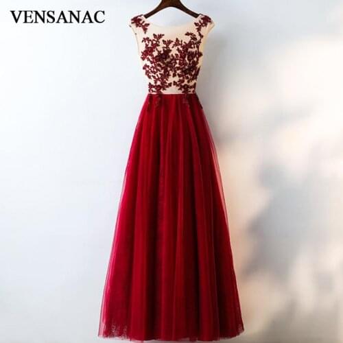 VENSANAC O Neck Crystal Appliques A Line Long Evening Dresses Elegant Party Lace Draped Tulle Prom Gowns