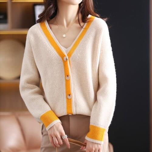 100% pure wool knitted womens coat color-blocking button cardigan loose large size blouse women 2021 new ladies cardigan