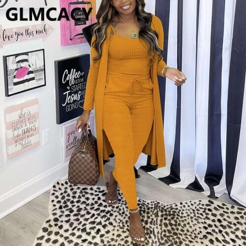 3 Piece Fall Winter Ribbed Suits Spaghetti Strap Crop Top & Slim Pants Set with Cardigans