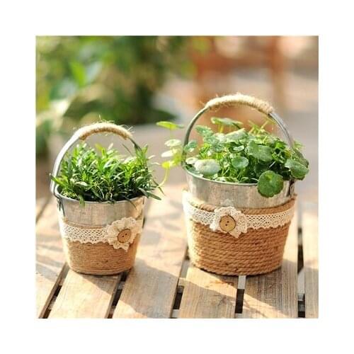 3pcs Rustic Iron Flowerpot With Lace & Rope Pot Home Garden Decoration Bucket Portable Metal Plant Candy Succulent Container