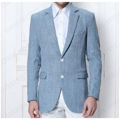 ANNIEBRITNEY 2019 Latest Coat Pant Designs Man Suit for Wedding Classic Blue Jacket White Pants Set Custom Slim Fit Linen Tuxedo