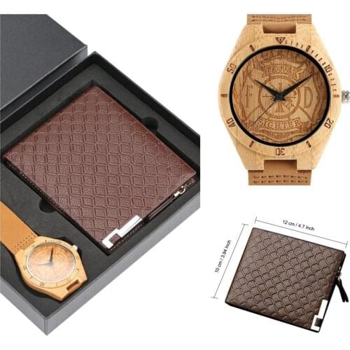 Wooden Watch Engraved Firefighter Display Mens Watches Brown Wallet Wristwatch Set Genuine Leather Wood Clock Purse Gifts