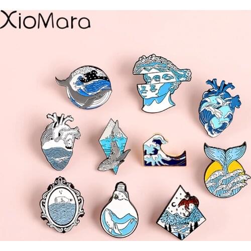 Ocean Enamel Pins Collections Dragon Plaster Model Whale Blue Sea wave jewelry Nature Brooches Lapel Pins For Ocean Lover Gifts