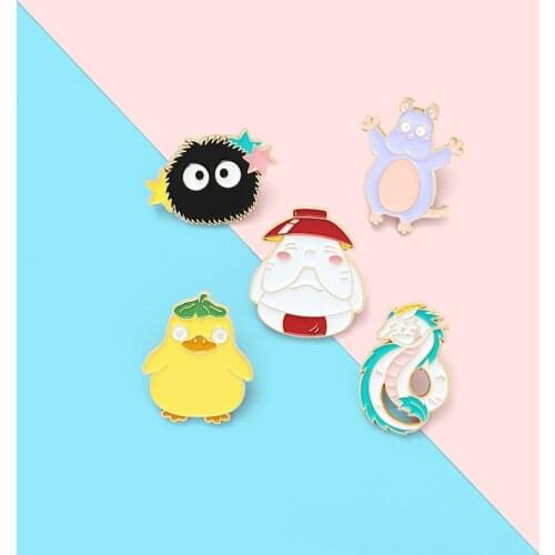 Spirit World Enamel Pin Dragon Mouse Duck Carrot Coal Brooches Bag Lapel Pin Childhood Cartoon Movie Badge Jewelry Gift for Kids