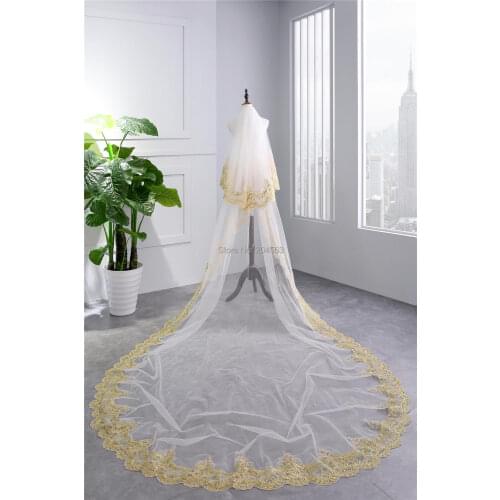 Cathedral Veil Wedding Veils with Gold Appliques Tulle Veil for Bride with Comb HL2019