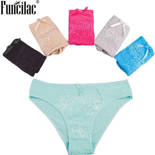 FUNCILAC Cotton Panties for Women Sexy Lace Underwear Underpants Solid Color Briefs Girls Ladies Underwear Lingerie 5 Pcs/set