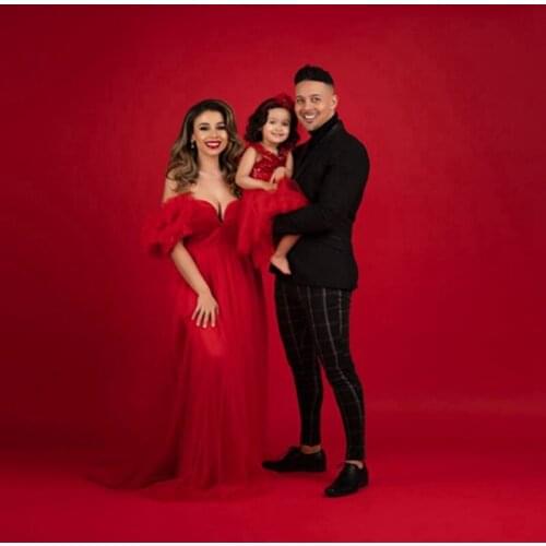 Pretty Red Tulle Bridal Dress To Photo Shoot Sweetheart Ruffles Sleeves A-line Mesh Party Gowns Floor Length Baby Shower Dresses