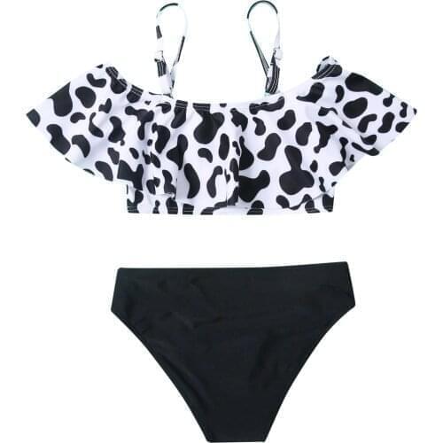 Milk Cow Print Kids Swimwear For Girls 2021 New Summer Swimsuit Ruffle Bikini Set Casual Beach Swimming Suit For Girl Beachwear