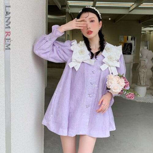 LANMREM 2021 Purple Jacquard Stitching Lotus Leaf Collar Bow Doll Dress Solid Color Mini Dresses Long Sleeve For Female 2T1192