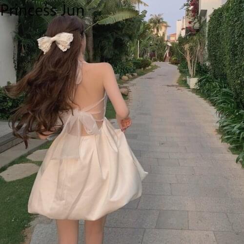 Summer Holiday Princess Little White Dress Sweet Girl Halter High Waist Ball Gown Puffy Dress Sexy Backless Fairy Party Dress