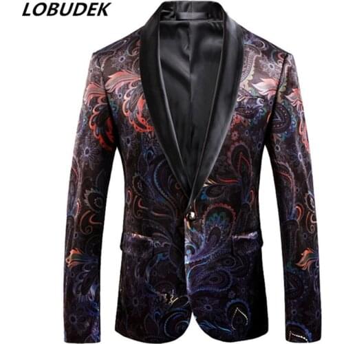 Winter Men Velvet Vintage Printed Blazer Shawl Collar Fashion Slim Fit Wedding Suit Blazers Floral Pattern Coat Suit Jacket