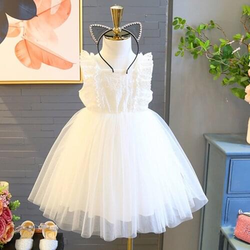 New Summer Girls' Dress Western Style Hollow Mesh Dress Party Princess Dress Korean White Cotton Children Kids Girls' Clothing
